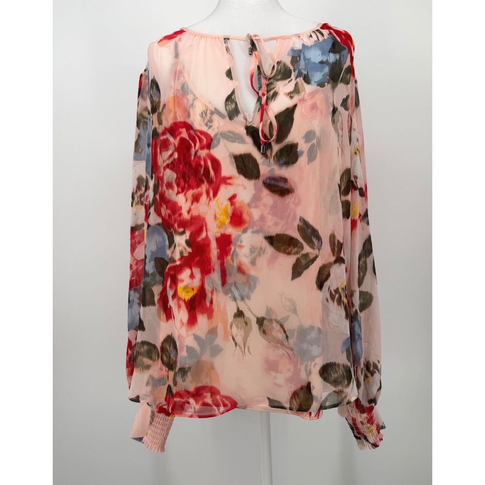 White House Black Market Floral Pink Sheer Tie Neck Blouse NEW  XL